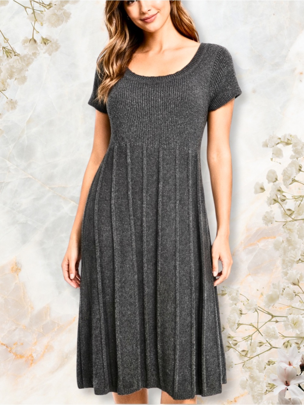 PINK ROSE SWEATER DRESS Knit Charcoal Gray Pleated Short Sleeve Scoop Neck SZ PL